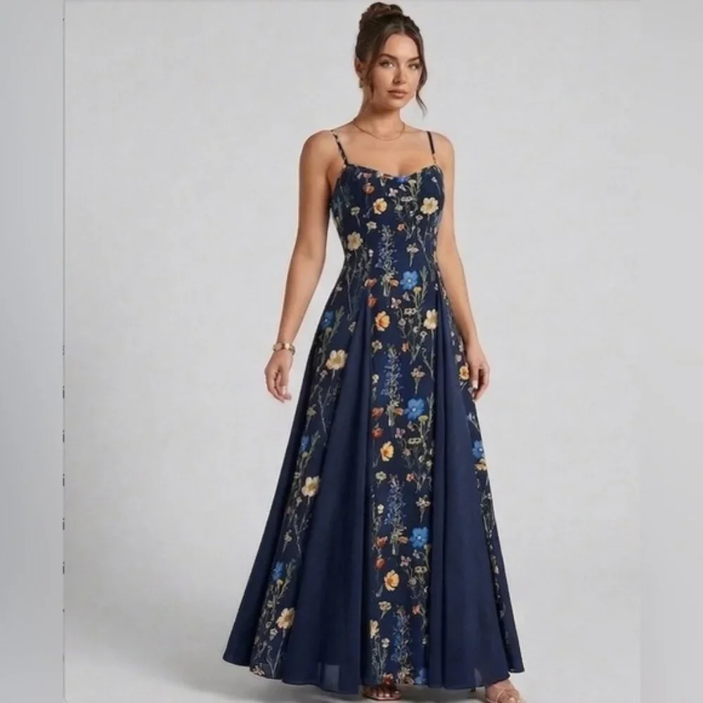 Midnight Navy Floral Print Maxi Dress
